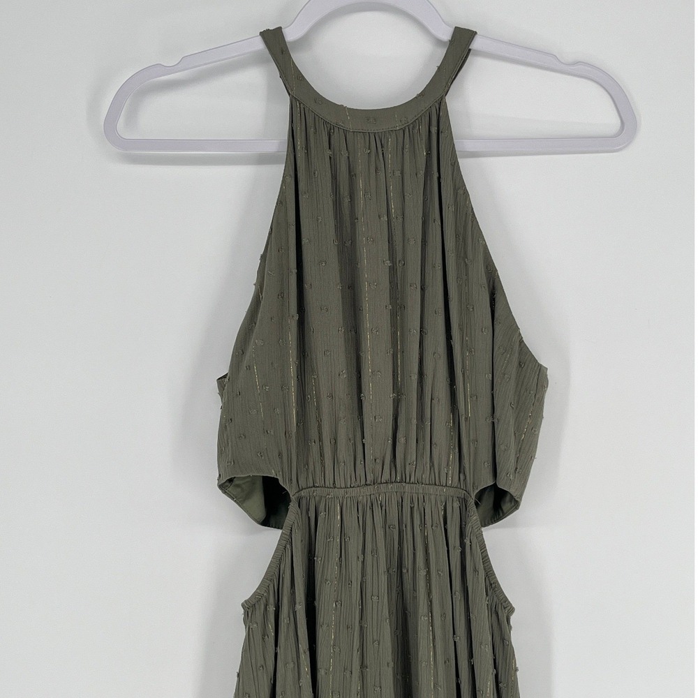 AQUA Olive Green Swiss Dot Halter Maxi Dress Side Cutout Boho Festival Prairie S - Picture 4 of 10